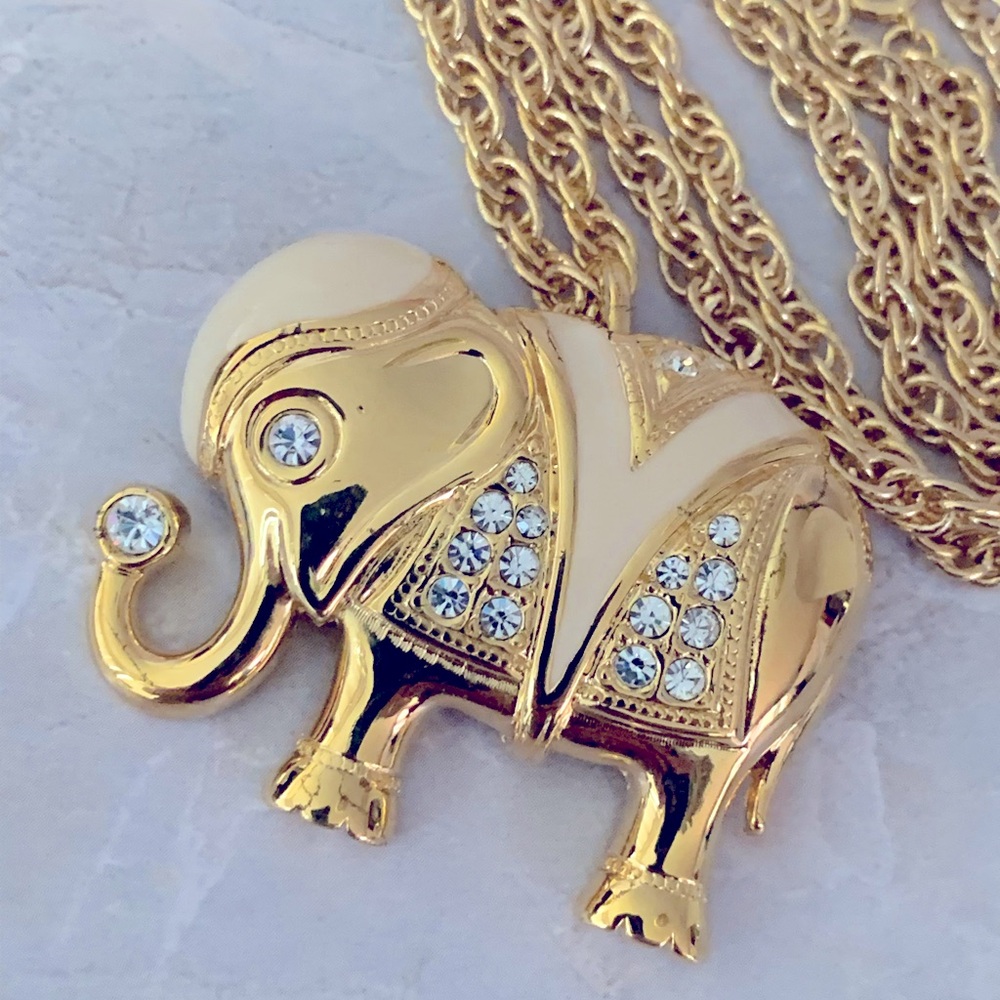 KJL for Avon Golden Enameled Elephant Pendant Brooch Combo Necklace